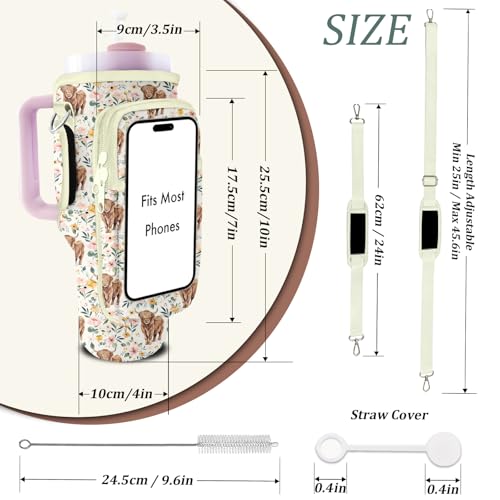 Water Bottle Carrier Bag for Stanley 40/30oz Cup Tumbler with Phone Pocket,Insulated Crossbody Water Bottle Holder with Adjustable Strap,Water Bottle Sling Pouch for Hiking Walking Camping Accessories - color: Highland Cow