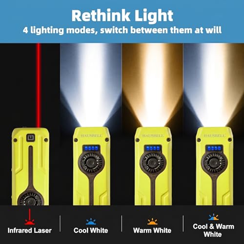 HAUSBELL Flat EDC Flashlight 1800LM Turbo, 0.6" Ultra-Slim Pocket Light with Stepless Dimming Dial, Magnetic Base, 365nm UV & Red Laser, Side-COB Flood, USB-C Fast Charge, IP44 Weatherproof - color: Yellow