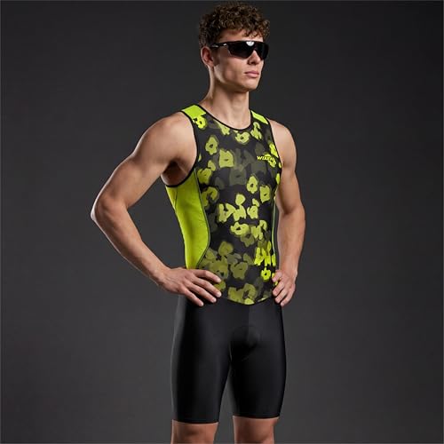 Wixen Men's Performance Triathlon Suit Sleeveless Tri Suit Padded Quick Dry Run Swim Bike - color: Volt Camo, size: Large