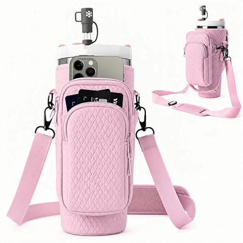 Water Bottle Carrier Bag with Phone Pocket for Stanley 40oz Cup Tumbler Crossbody Sling Pouch Adjustable Shoulder Strap Holder Sleeve for Stanley Cup Carry All Gym Hiking Walking Travel