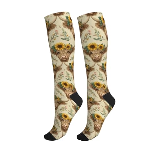 Cute Compression Socks Knee High Support Stockings Women Men - color: Highland Cows Sunflowers