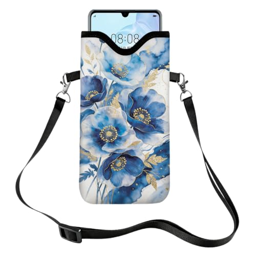 GLOBLELAND Blue Poppy Cell Phone Sleeve Pouch Case Bag 7.1×3.9 inch Blue Flowers Shockproof Universal Phone Bag with Crossbody Strap Neck Lanyard for Women Men Phone Headphones Watch - color: Blue Poppy