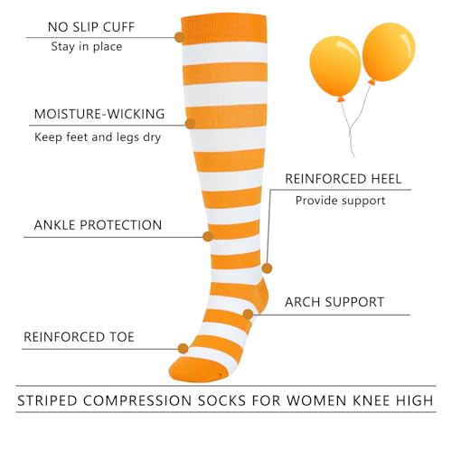 Junely Compression Socks for Women Knee High Striped Polka Dot Stockings - color: Orange White