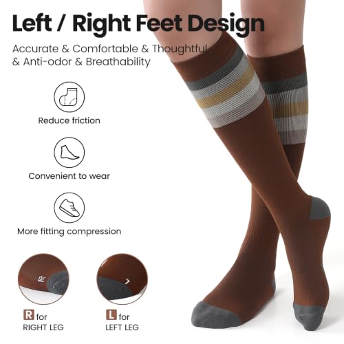 Bamboo Viscose Compression Socks 15-20 mmHg Knee High 3 Pairs Unisex - color: A03-3pair-striped Brown Color Collision, size: Small-Medium
