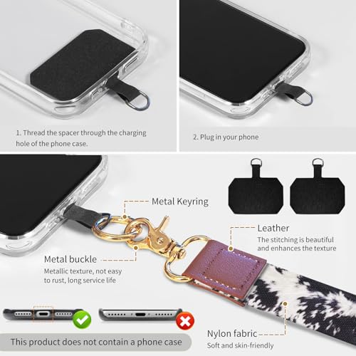 Cell Phone Lanyard Adjustable Crossbody Strap, Cute Phone Neck Wristlet Wrist Strap Patch for Keys Case Accessories - color: Black White Cowhide