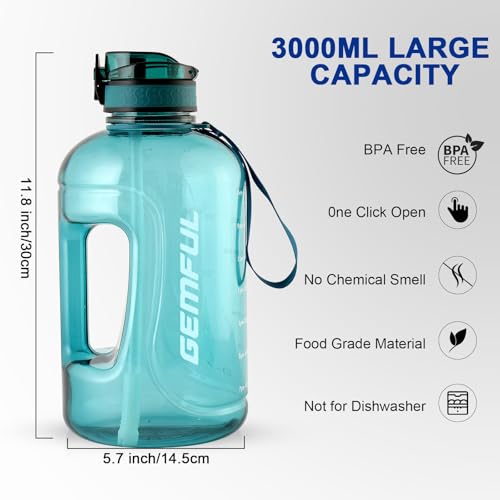 GEMFUL 100oz Big Water Bottle with Straw 3000ml Large Sport Jug (Cyan) - color: Cyan, size: 3 L