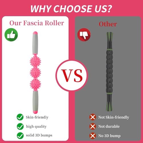 Fascia Muscle Roller, Cellulite Massager Fascia Roller for Cellulite and Sore Muscles, Neck, Leg, Back, Pressure Trigger Point Body Roller Deep Tissue Massage Stick Tools - 3 Massage Balls - color: Rose Red