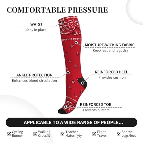 Compression Socks Knee High Support Stockings Women Men - color: Black Border Red Colorful Paisley
