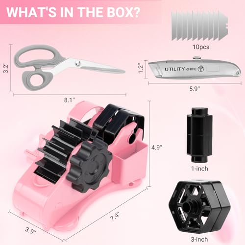 THINKLEARN Tape Dispenser with Scissors and Utility Knife, Light Pink - color: Light Pink