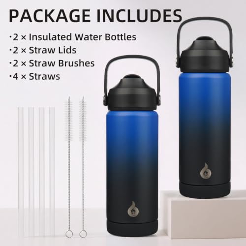 BJPKPK 2 Pack 18oz Insulated Water Bottles with Straw Lids, Stainless Steel - color: 2 X Black Blue, size: 18 Ounces