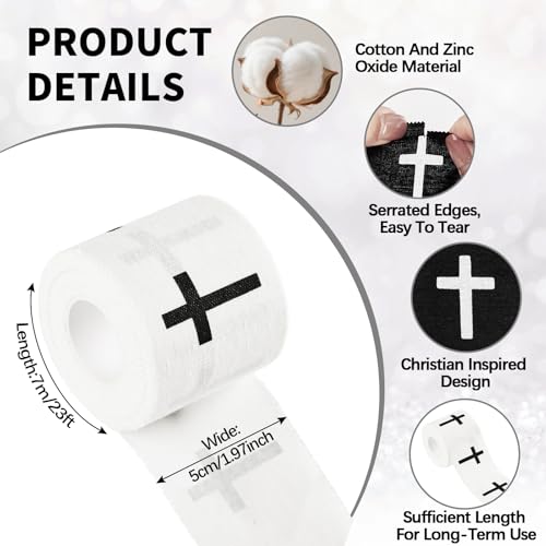 2Pcs Christian Athletic Tape 2in x 23ft Cross Sports Tape Religious Cotton Zinc Oxide Sports Wristbands Jesus Cross Wrist Tapes for Football Baseball Athlete Tennis Gymnastics First Aid Injury Wrap