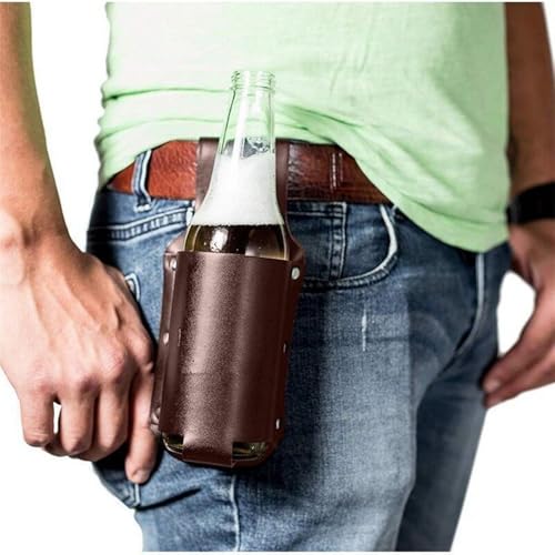 Drink Belt Holder Faux Leather Beer Holster Hands-Free Water Bottle Waist Bag Can Cooler Belt Pouch Cowboy Beverage Holder for Barbecue Camping Beach Hiking Fishing Gardening
