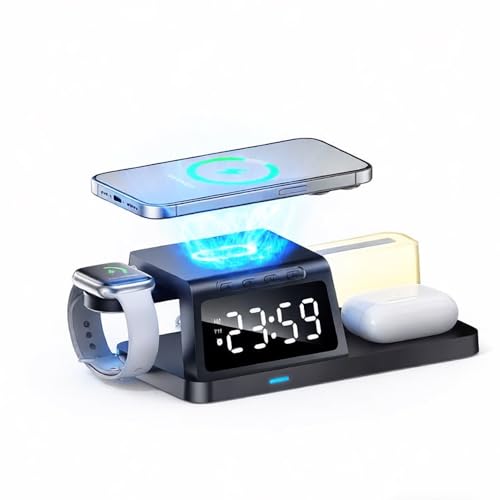 IHAO 6in1Digital Alarm Clock with Wireless Charging Station Night Light 15W Fast Charging for Qi Phone Headphone Bracket for iWatch Charger LED Display Dimmable Brightness-HT309 Black - color: Wireless Charger Alarm Clock Ht309 Black