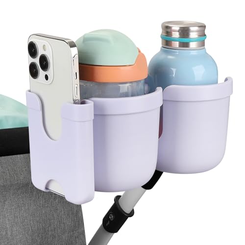 Accmor Stroller Cup Holder with Phone Holder, Bike Cup Holder, Walker Scooter Wheelchair Cup Holder Attachment, Universal Cup Holder for Uppababy Graco Strollers - color: Double Holder-All Orchid Purple