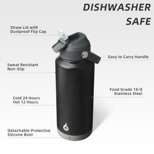 BJPKPK 2 Pack 32oz Insulated Water Bottles with Straw Lids, Stainless Steel - color: 2 X Black, size: 32 Ounces