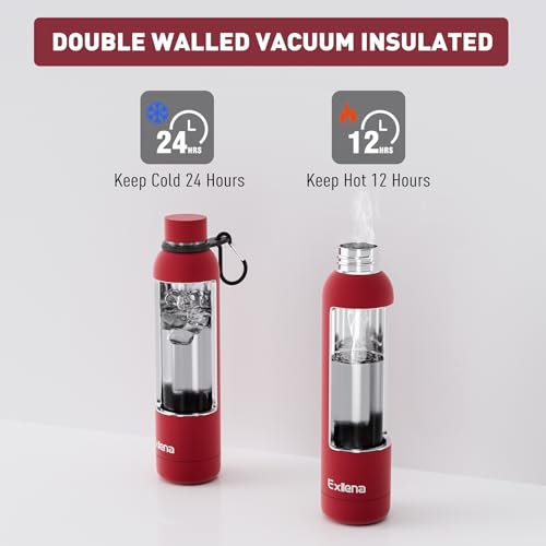 Exllena Slim Insulated Water Bottles for Travel 25oz with Clip, Double Wall Vacuum Stainless Steel Water Bottle Keeps Drinks Cold 24 Hrs/Hot 12 Hrs, 100% Leakproof, BPA Free（Red） - color: Red, size: 750 ml