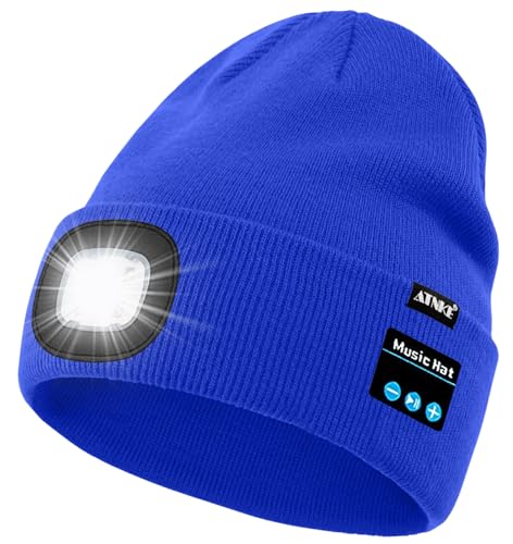 ATNKE LED Lighted Bluetooth Beanie Hat,USB Rechargeable 4 LED Wireless Music Running Headlamp Cap Gift for Men and Women - color: #Blue