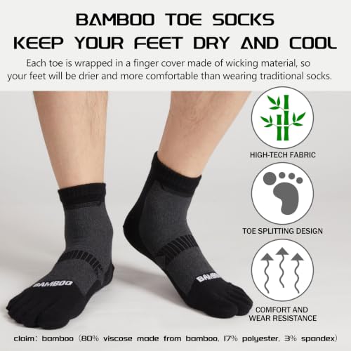 Sunew 3 Pairs Toe Socks for Men Women,Viscose Bamboo Breathable Athletic Running Five Finger Ankle/Quarter Socks - color: 3 Pairs Black Gray, size: Small