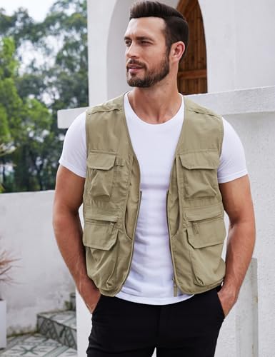 Gihuo Mens Fishing vest for Safari Utility Cargo with Pockets - color: Khaki, size: Medium