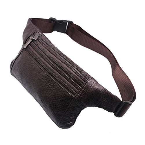 Triple Pocket fanny pack Genuine Leather waist bag slim shoulder bag Hip Purse Adjustable Belt strap Casual Pouch Outdoor Day bag (Brown) - color: Brown