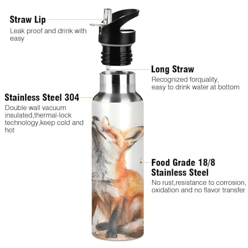 OTVEE Fox Water Bottle Sports Water Bottle Insulated Stainless Steel Hot Cold Water Mug with Straw Lid & Handle for Sports Gym 20 oz - color: Fox
