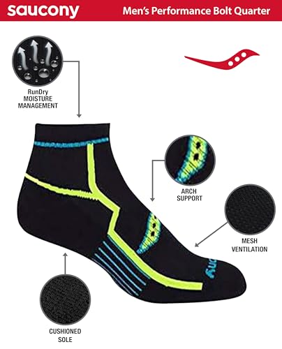 Saucony Men's RunDry Bolt Performance Quarter Socks, Available in L-XL (6, 12 Pairs) - color: Black (12 Pairs), size: Large