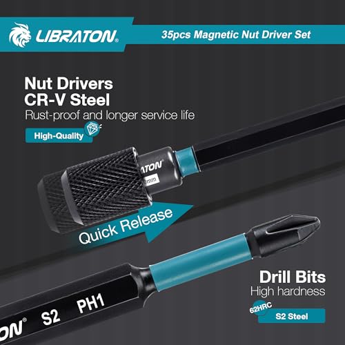 LIBRATON Magnetic Nut Driver Set, 35PCs Impact Driver Bit Set, Metric & SAE