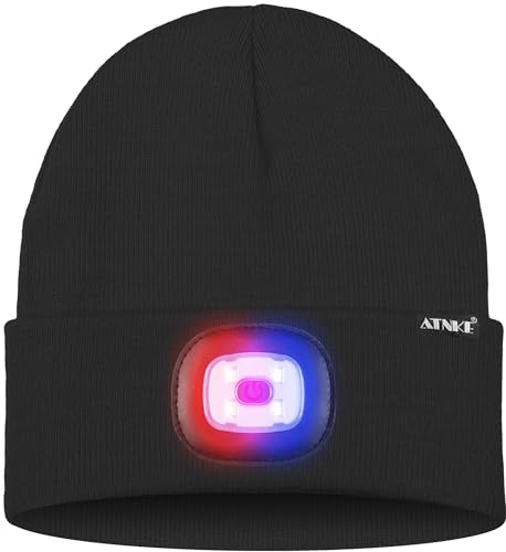 ATNKE LED Lighted Beanie Hat,USB Rechargeable 4 LED Red and Blue Flashing Running Headlamp Cap Gifts for Men and Women - color: #Black