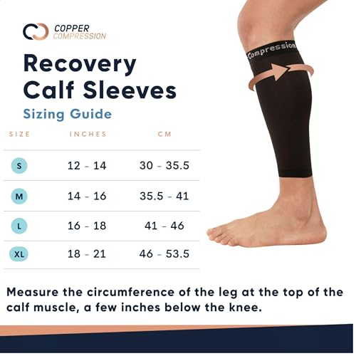 Copper Compression Calf Sleeves for Shin Splints, Varicose Veins, Arthritis, Sprains, Running, Cycling - Men & Women - 1 Pair - size: Large (1 Pair)