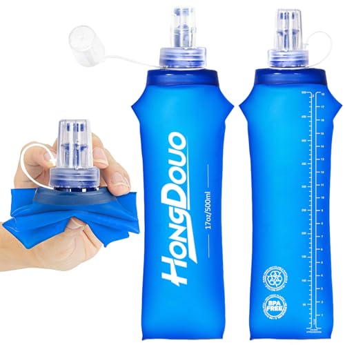 2PCS Running Vest Soft Flask, BPA-Free Soft Flasks 17oz/500ml TPU Collapsible Water Bottle for Hydration Backpack, Folding Running Water Bottles for Marathon Hiking Cycling Climbing - color: Sky blue