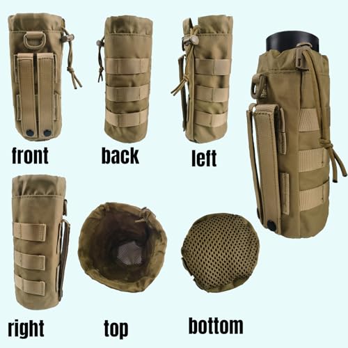 Tactical MOLLE Water Bottle Holder, Upgraded Water Bottle Pouch with Drawstring Open Top & Mesh Bottom, 16/24/25/32oz Water Bottle Carrier Bag with D-Ring Hook for Backpack - color: Brown