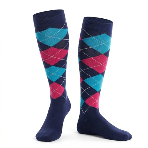 COUVER Unisex Graduated Athletic Compression Socks - color: Argyle Navy Turquoise Fuchsia, size: Large-X-Large