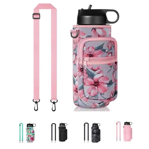 40oz Neoprene Water Bottle Sling with Phone Pocket, Crossbody - color: Flower Pink, size: 32oz Short