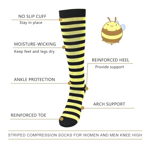 Junely Compression Socks for Women Knee High Striped Polka Dot Stockings - color: A3-black and Yellow