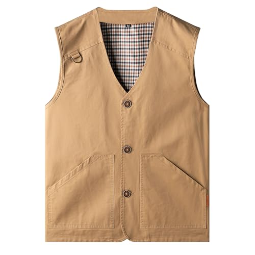 PRIJOUHE Mens Casual Cotton Vest Lightweight Outdoor Fishing Utility Vest - color: 03-khaki, size: X-Large