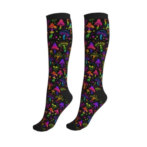 Tie Dye Compression Socks Knee High Support Socks For Women Men Running Athletic Hiking - color: Mushrooms