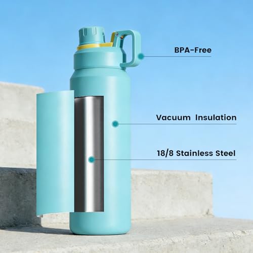 30oz Blue Insulated Water Bottle with Carry Handle for Gym & Commute - color: Blue