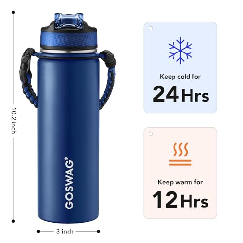 GOSWAG 24oz Insulated Stainless Steel Travel Water Bottle, 2 Lids - color: Matte Navy Blue