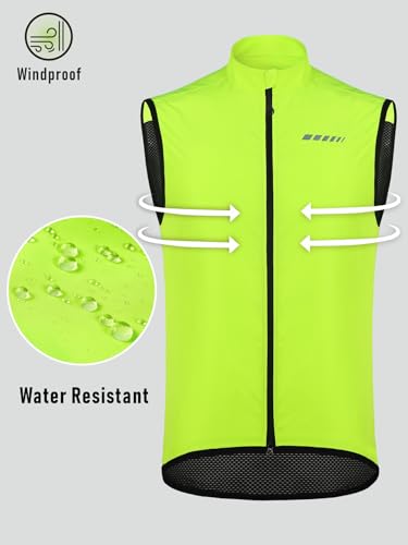 qualidyne Men's Cycling Vest Full Zip Windproof Bike Tank Top Reflective Sleeveless Cycling Jacket - color: Yellow, size: Large