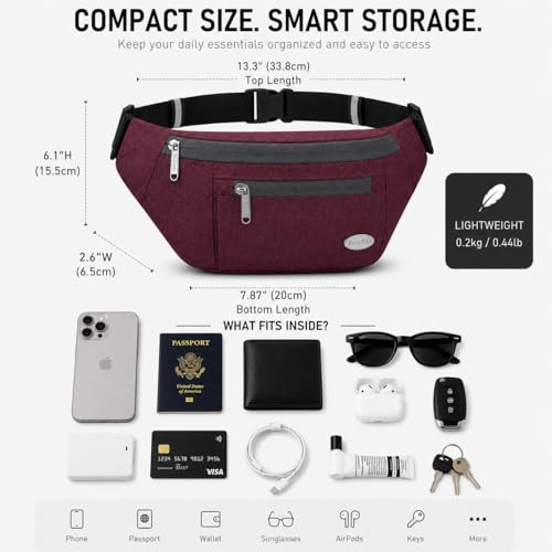 Entchin Water-Resistant Fanny Pack, 4-Zipper Belt Bag - color: Burgundy