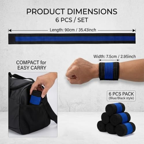 6 Pack Ice Pack Extension Straps - 35"x3" Elastic Wrap for Hot & Cold Packs - color: Black and Blue