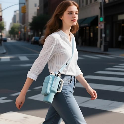 Water Bottle Carrier Bag Holder with Phone Pocket Adjustable Strap for Stanley 30 40oz, Insulated Neoprene Cover Sleeve Sling Crossbody Bag for Walking Camping Hiking Travelling - color: Lake Blue-1