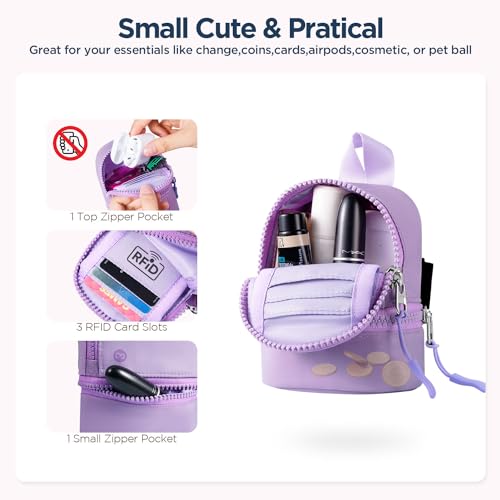 Babysun Mini Backpack Keychain Wristlet Pouch Small Change Coin Purse Cute Zipper Wallet With 3 RFID Card Slots For Women/Men Airpods Cosmetics - color: Purple