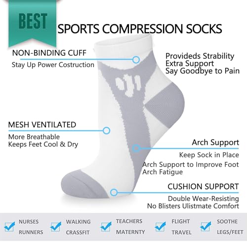 Sooverki Copper Compression Socks Women and Men 6 Pairs - Circulation Arch Support Plantar Fasciitis Running Ankle Socks - color: A3 - B - 6 Gray White, size: Large-X-Large