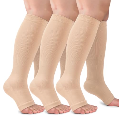 CTHH Toeless Compression Socks for Women & Men Open Toe Knee High Stocking - color: Beige, size: Small-Medium