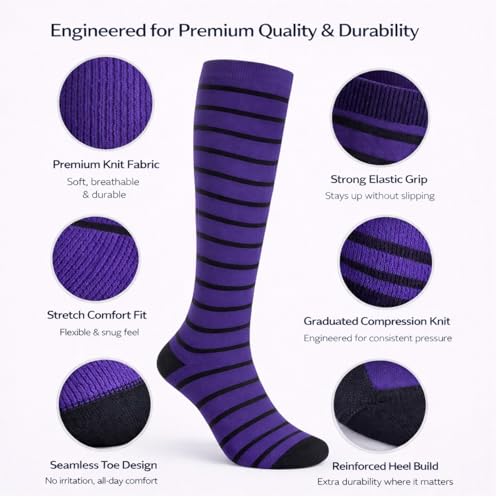 Diamond Star 6 Pairs Compression Socks for Men & Women, Knee High Socks - color: 6 Pairs (Purple/Black)