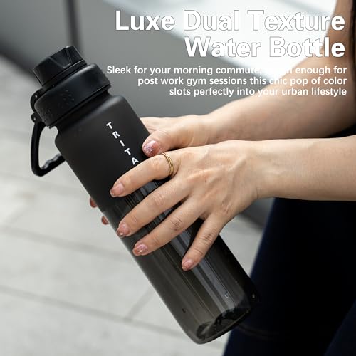 OLDLEY 32 oz Water Bottle with Handle, BPA-Free Tritan Reusable Sports Water Bottle with Leak-Proof Dust Lid, Wide Mouth, Cup Holder Friendly, Half Frosted Clear Bottle for Gym, Travel, Work,Black - color: Black