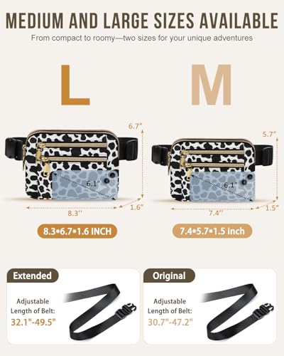 Capolo Fanny Packs for Women 4 Zip Pocket Crossbody Belt Bag Waist Bags - color: Cow Print, size: Large