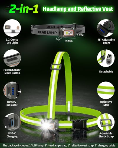 Running Lights For Runners,Sensor Mode Headlamp 2in1 Reflective Vest Light