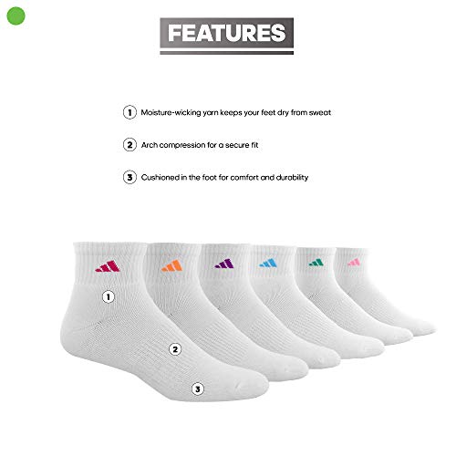 adidas Women's Athletic Cushioned Quarter Ankle Socks 6 Pairs - color: White/Shock Pink/Bright Cyan